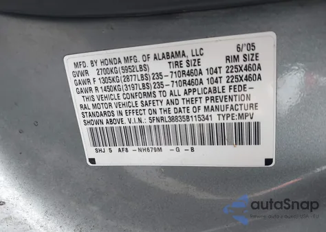 2005 Honda Odyssey Touring z USA, uszkodzony, nr VIN 5FNRL38835B115341